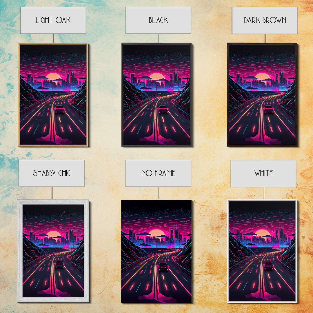 The Drive, Retrowave Outrun Style City Skyline Sunset, 80s Vibes, Framed Canvas Print