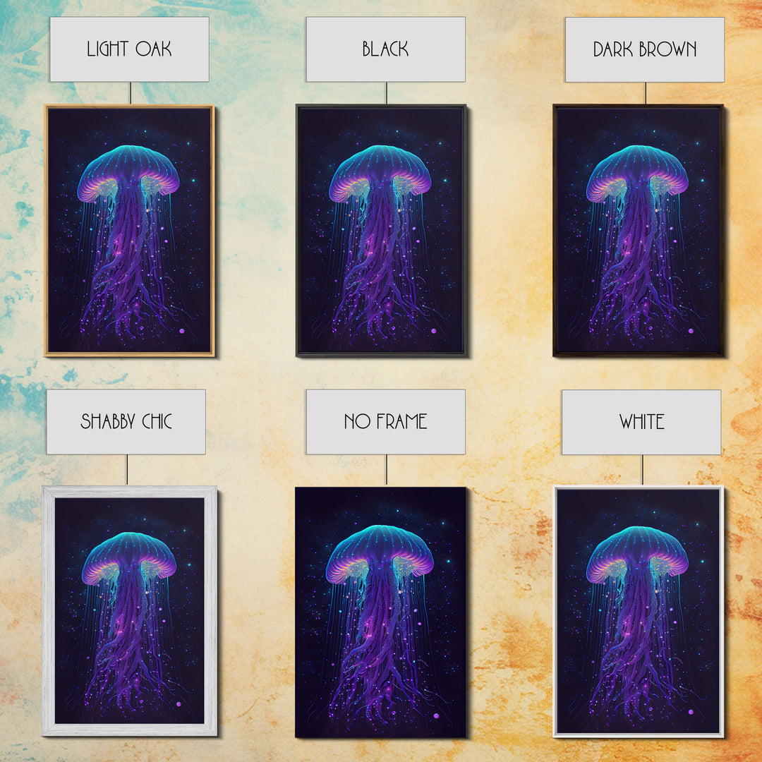 Bioluminescent Jellyfish against a Starry night sky, Cosmic Jelly Fish, Framed Canvas Print, synthwave style art