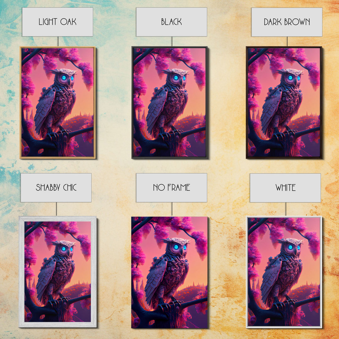 Cyberpunk Robot Owl, framed canvas print, Cybernetic android owl art, vaporwave aesthetic futuristic art