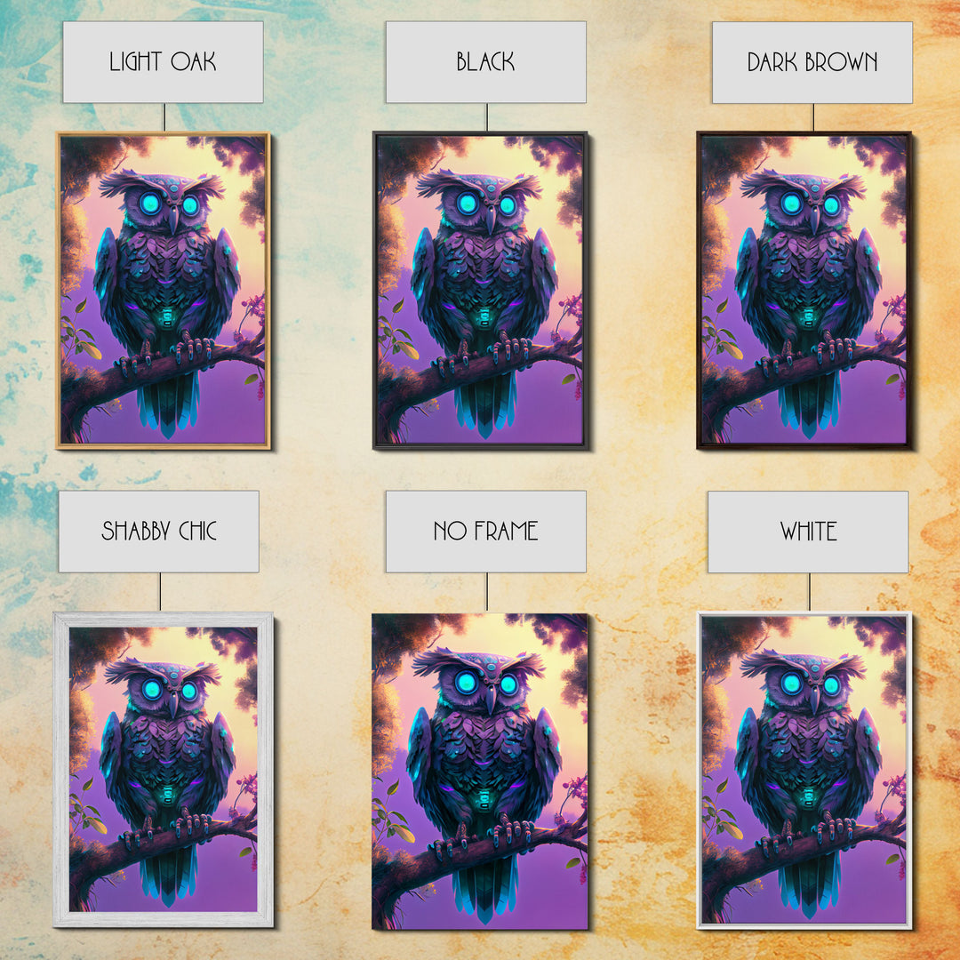 Cyberpunk Robot Owl, framed canvas print, Cybernetic android owl art, vaporwave aesthetic futuristic art