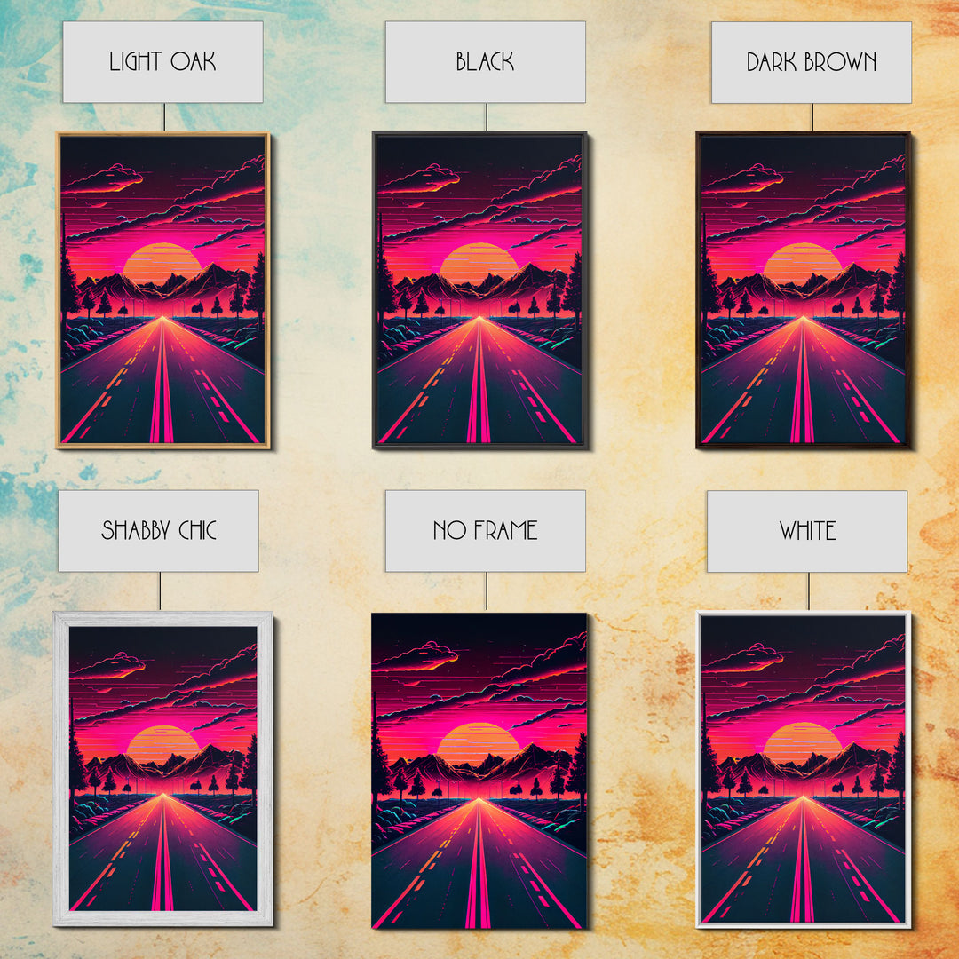 Outrun Sunset over the Arizona mountains, neon aesthetic art,  framed canvas print