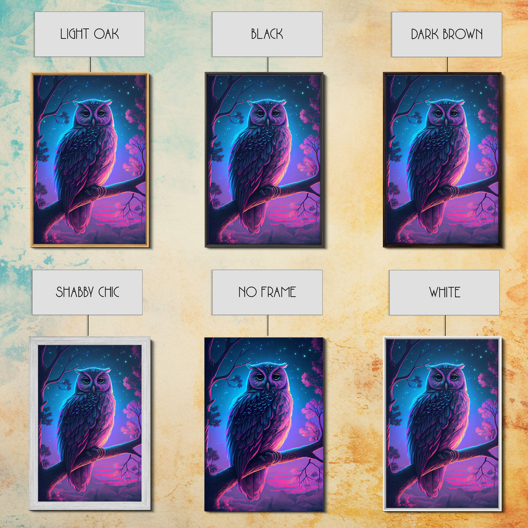 Retro Style Owl Art, Framed Canvas Print, outrun style owl at midnight under a starry sky