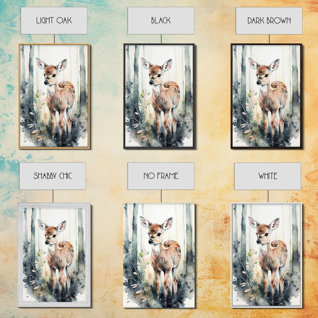 Watercolor portrait of a deer fawn, framed canvas print