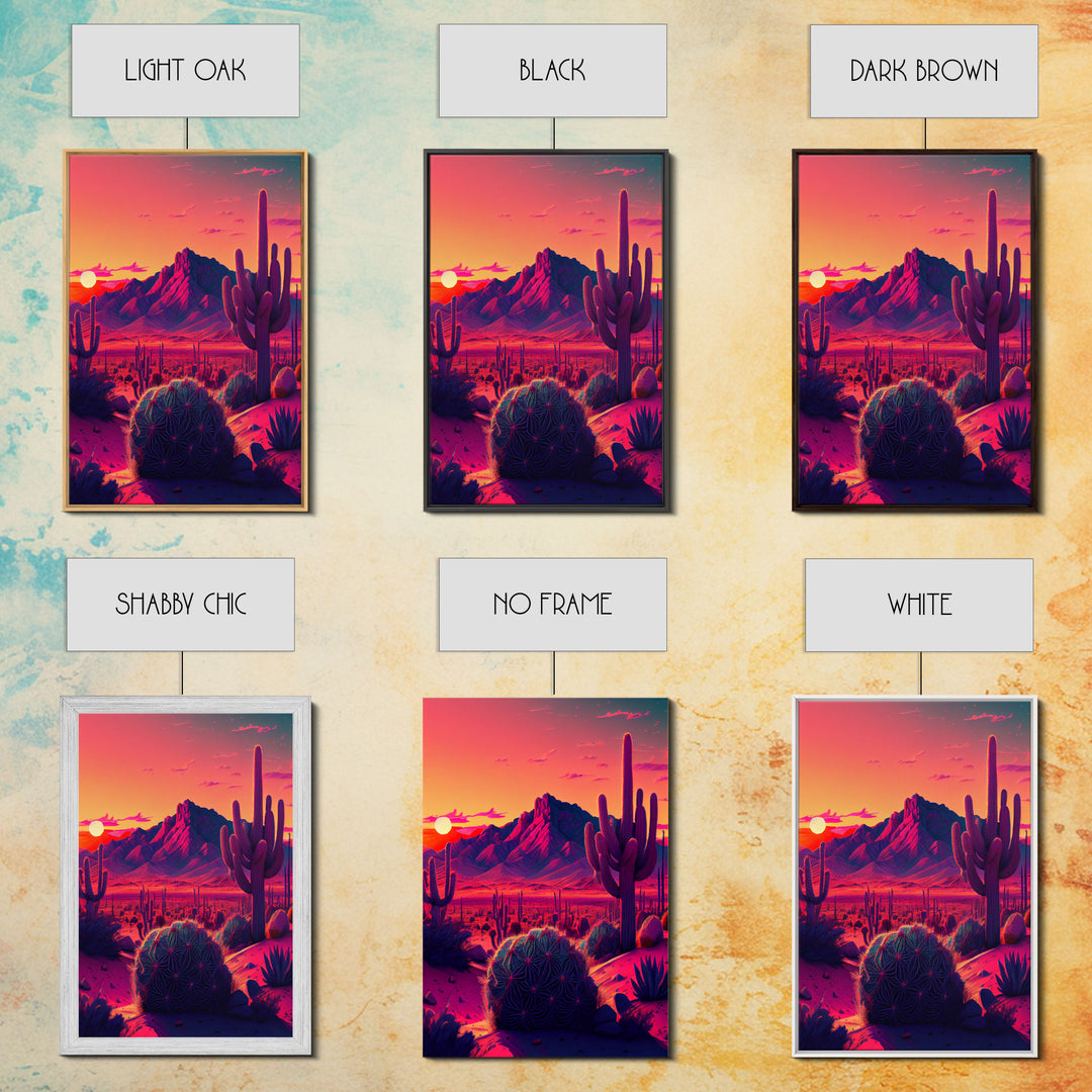 Pastel Arizona Night, Outrun Style sunset over a desert landscape with cactus, framed canvas print