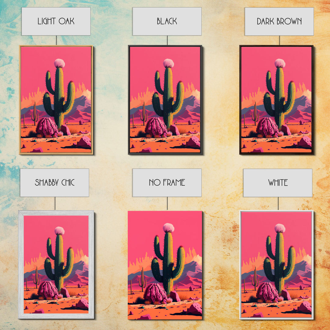 Mexico Cactus Art, Synthwave Pink Art, Framed Canvas Print, Southwest Saguaro Cactus Succulent Art, Western Decor