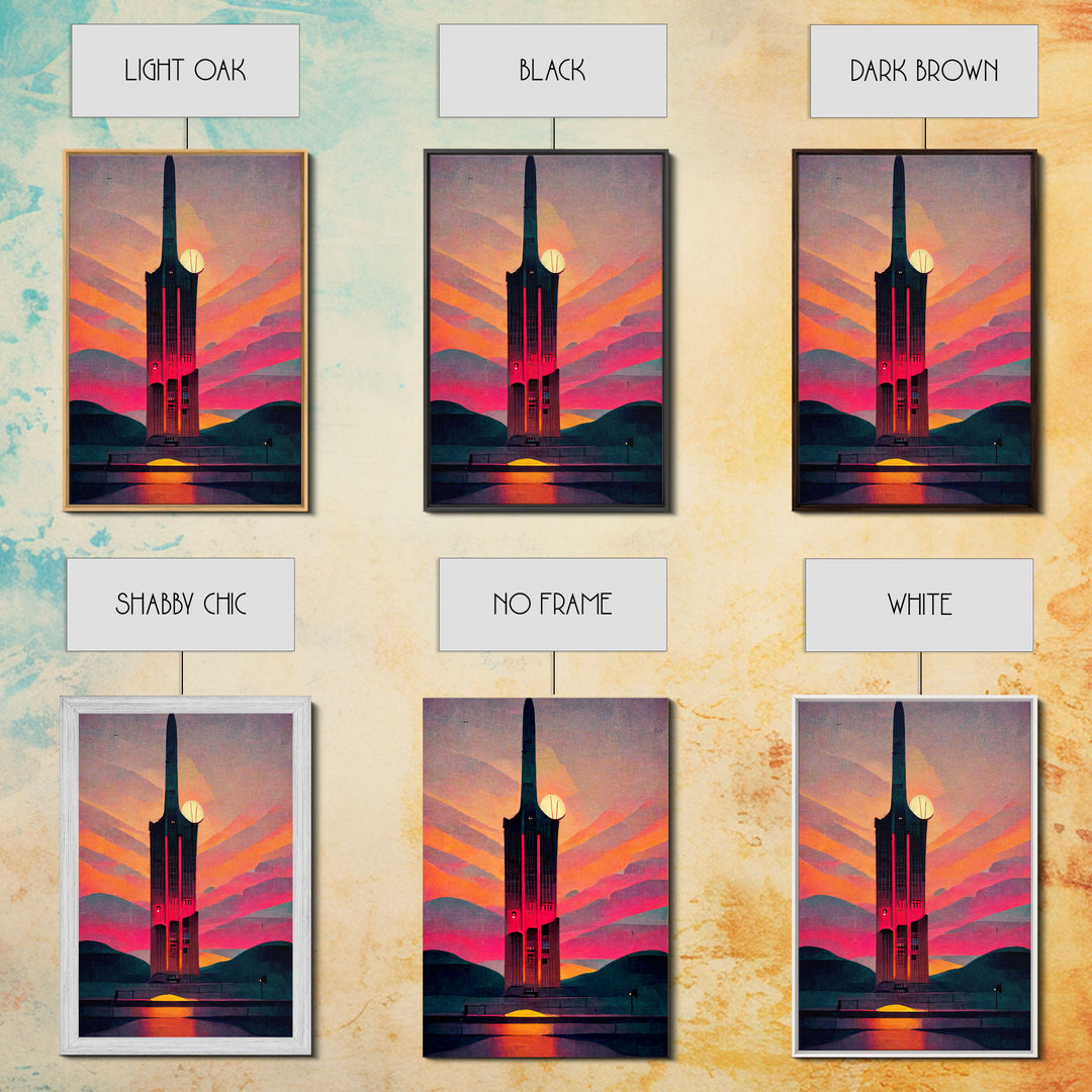 Spooky full moon art deco architecture wall art, Art Deco clock tower canvas print, Art Deco Skyscraper, Ready To Hang