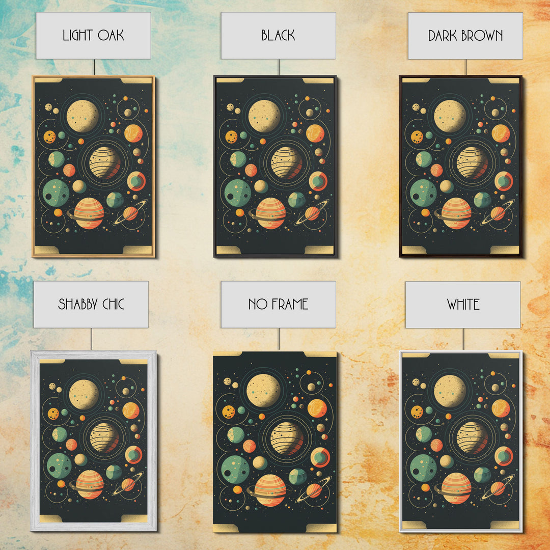 Art Deco Inspired Planetary Solar System Art, Framed Canvas Print, Cute Nursery Decor