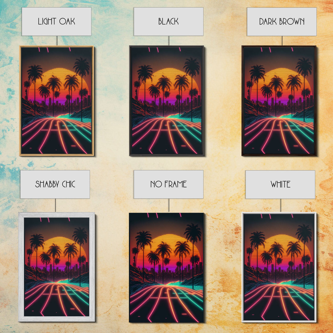 Neon Wireframe Road at Sunset, Outrun / Synthwave Palm Tree Art, 80s Retro Inspired Art, Framed Canvas Print