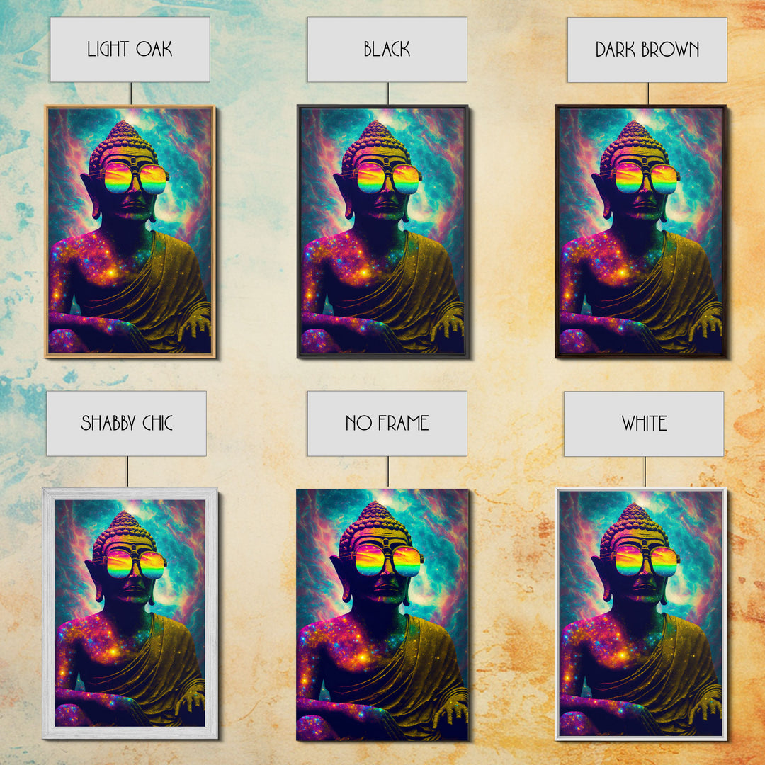 Open Your Mind, Psychedelic Buddha Wearing Aviators / Sunglasses, Meditation Art, Framed Canvas Print, Color Pop Art