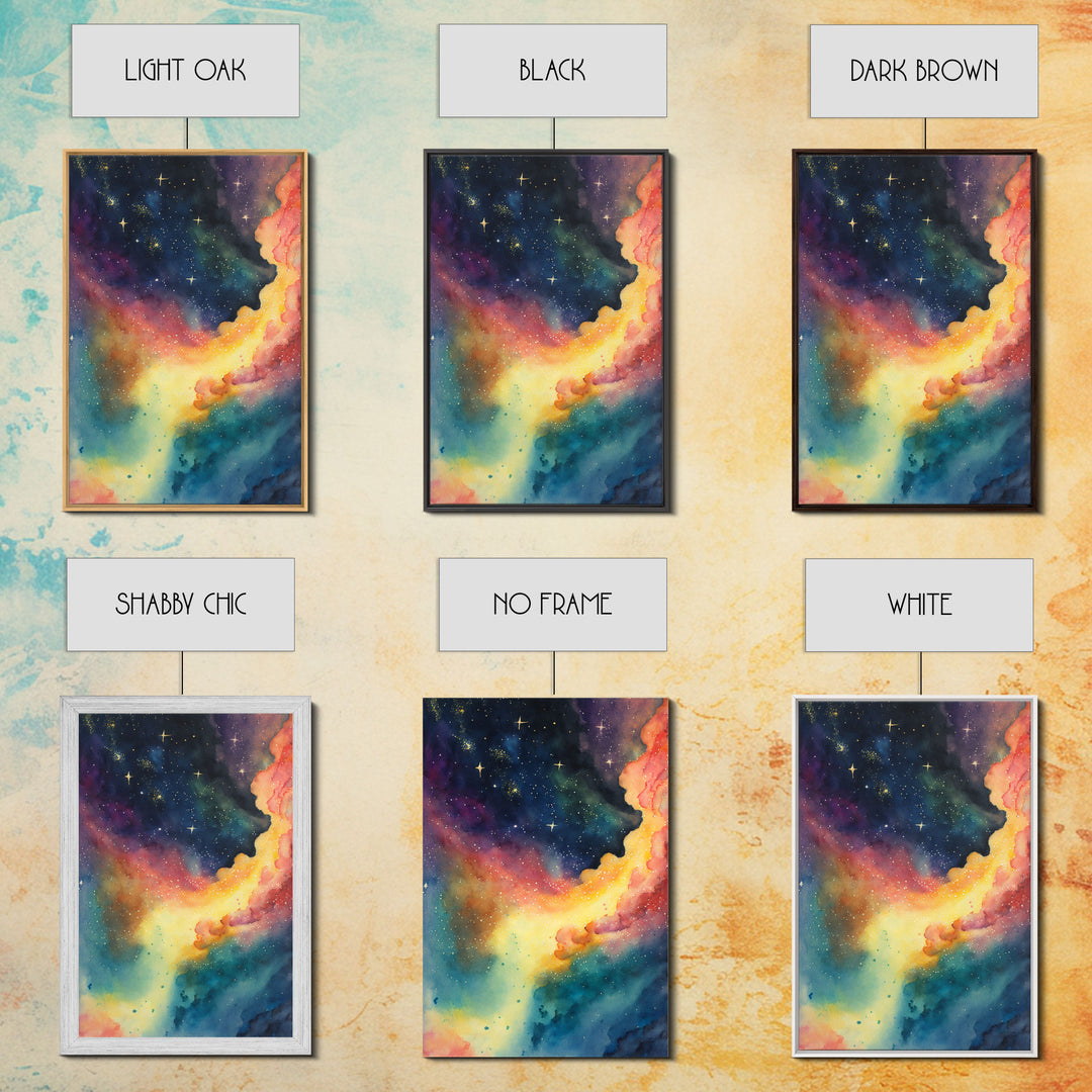 The Rainbow Nebula, Deep Space Art, Framed Canvas Print, Watercolor Painting of Space