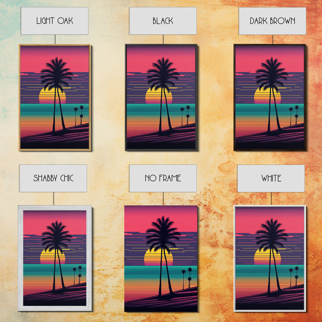 Beach Vibes, 3 Panel Wall Art, Framed Canvas Prints, Triptych Art, 3 Piece, 80s Vibes Vaporwave Wall Art, Life Guard Hut and Palm Trees