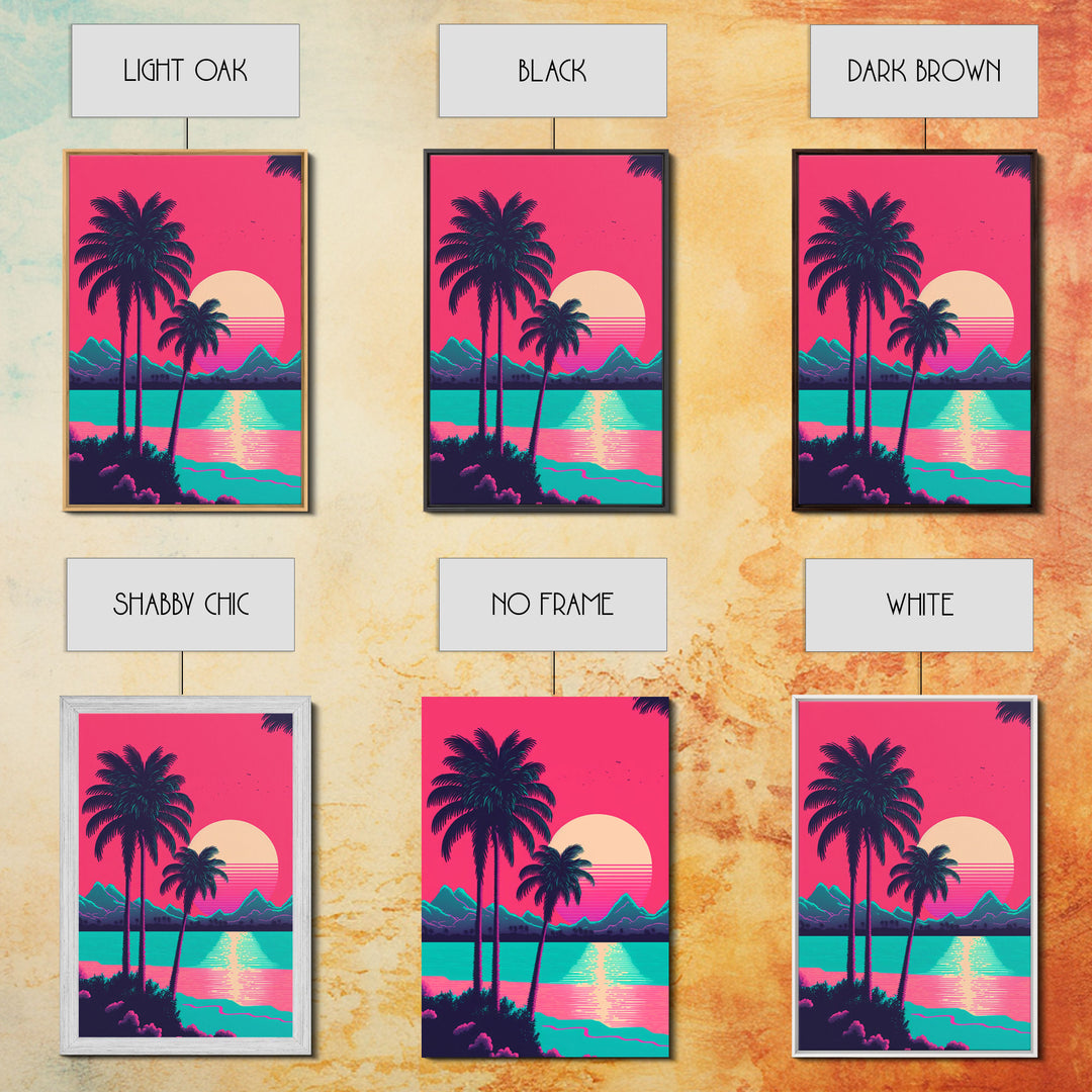 Retrowave Priint Set  - 3 Piece Wall Art - Triptych 3 Panel Art - Beach Wall Art - Framed Canvas Prints - Tropical Beach Decor