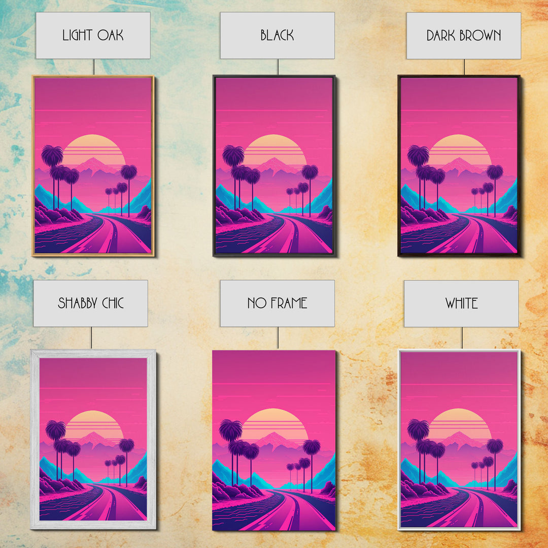 Retro Synthwave 80s Vibes Sunset Over The Mountains and Palm Trees, Highway, Framed Canvas Print