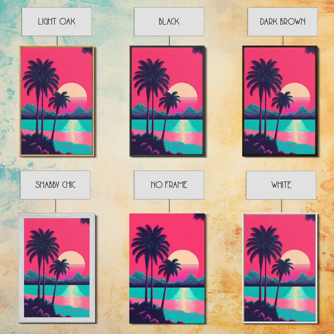 Retro Synthwave 80s Vibes Sunset Over The Mountains and Palm Trees, Highway, Framed Canvas Print