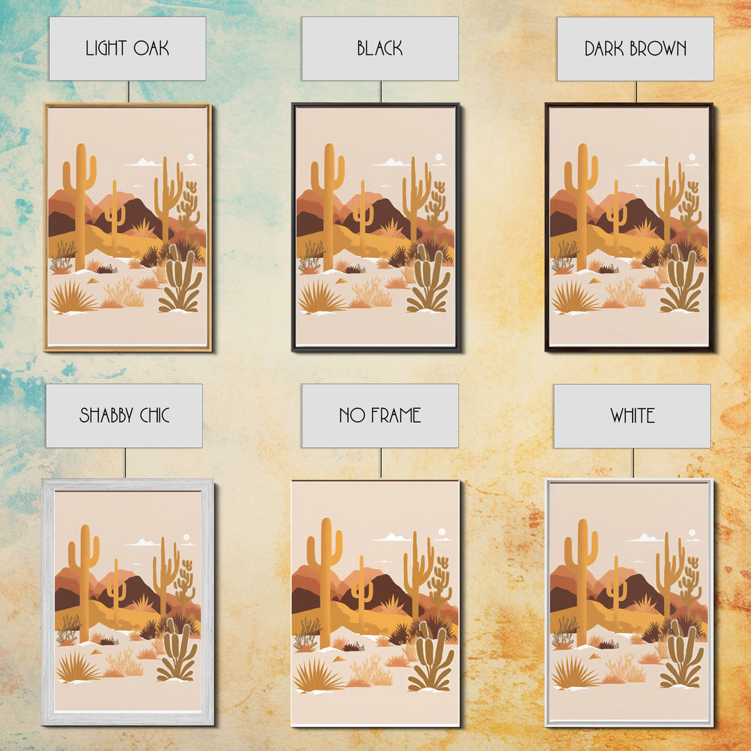 Boho Style Desert Art, Framed Canvas Print, Pueblo Style Cactus and Desert Landscape Art