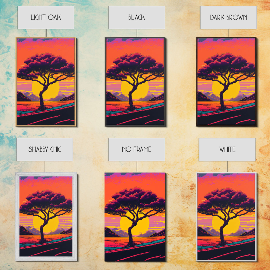 Weeping Willow At Sunset, Retro Style MCM Art, Framed Canvas Print, Trendy Wall Prints, Landscape and Sunset Outrun Art