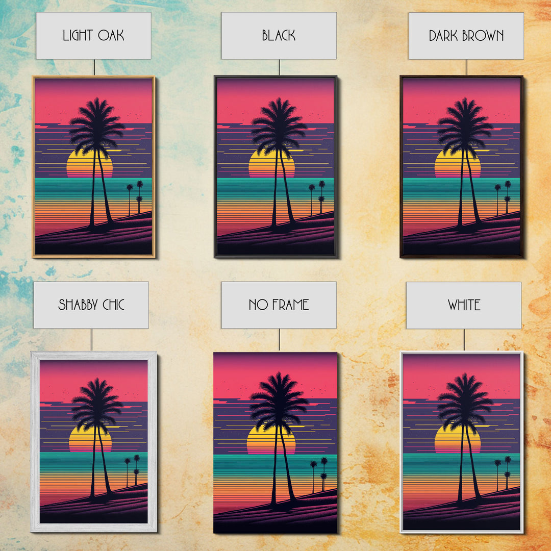 Framed Canvas Print | Synthwave Sunset with Palm Trees | Home Decor | Ready to Hang | Retro Style Decor