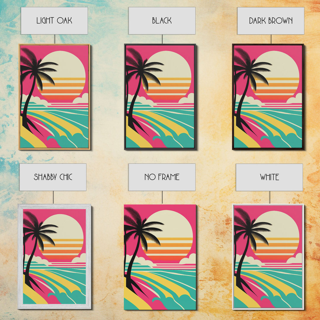 Framed Art Deco Canvas Print - Sunset Beach Scene, Minimalist Palms, Retro Style - Pink and Turquoise Vaporwave Art