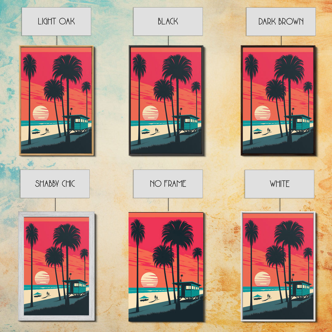 Retro Synthwave Art Deco Sunset Framed Canvas Print, Beaches, Palmtrees, Minimalist Style, Framed Art, Miami Art, California Decor