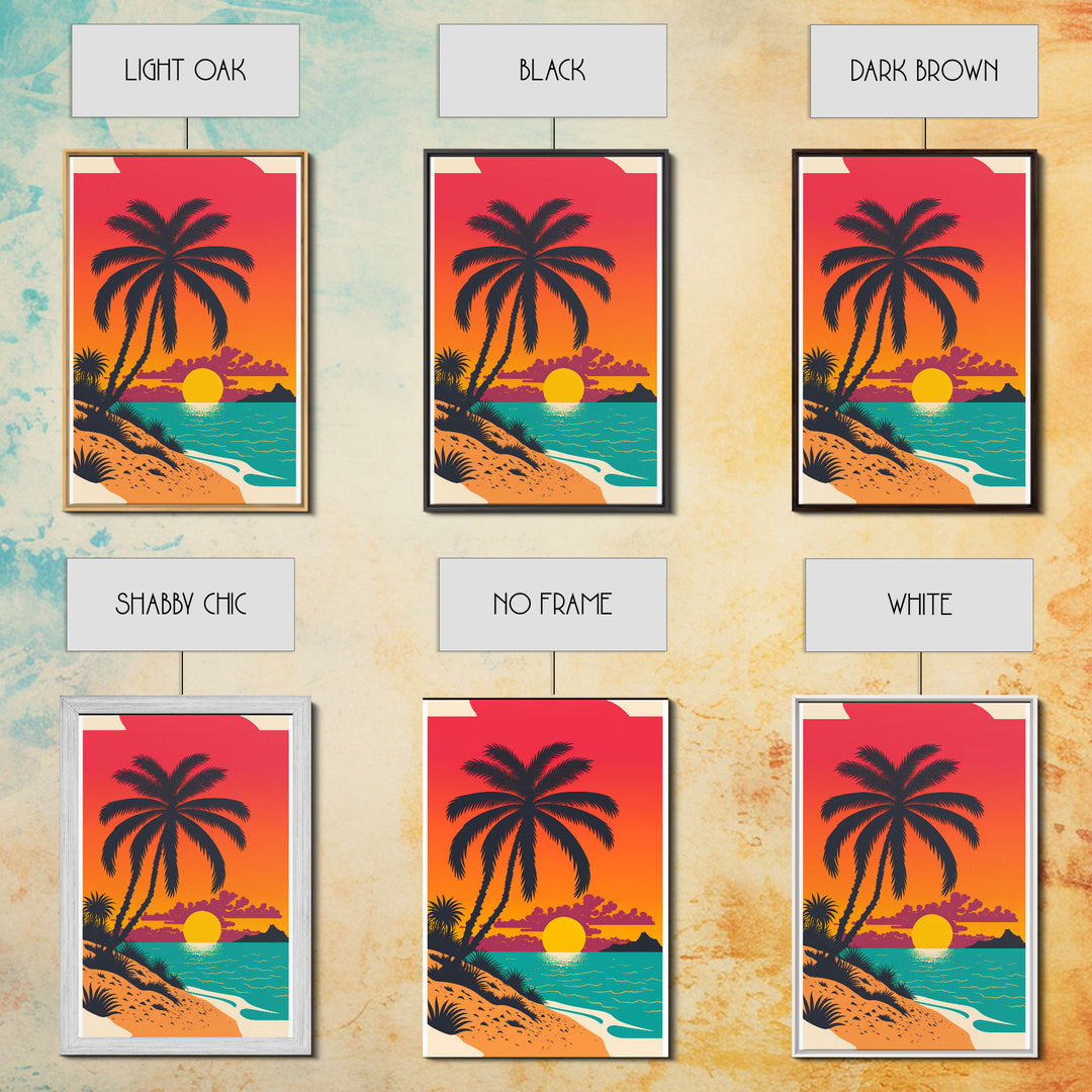 Framed Canvas Print - Art Deco Sunset, Beaches, Minimalist Palm trees - Island Vibes - Retro Tropical Art - Pop Art Beach Decor