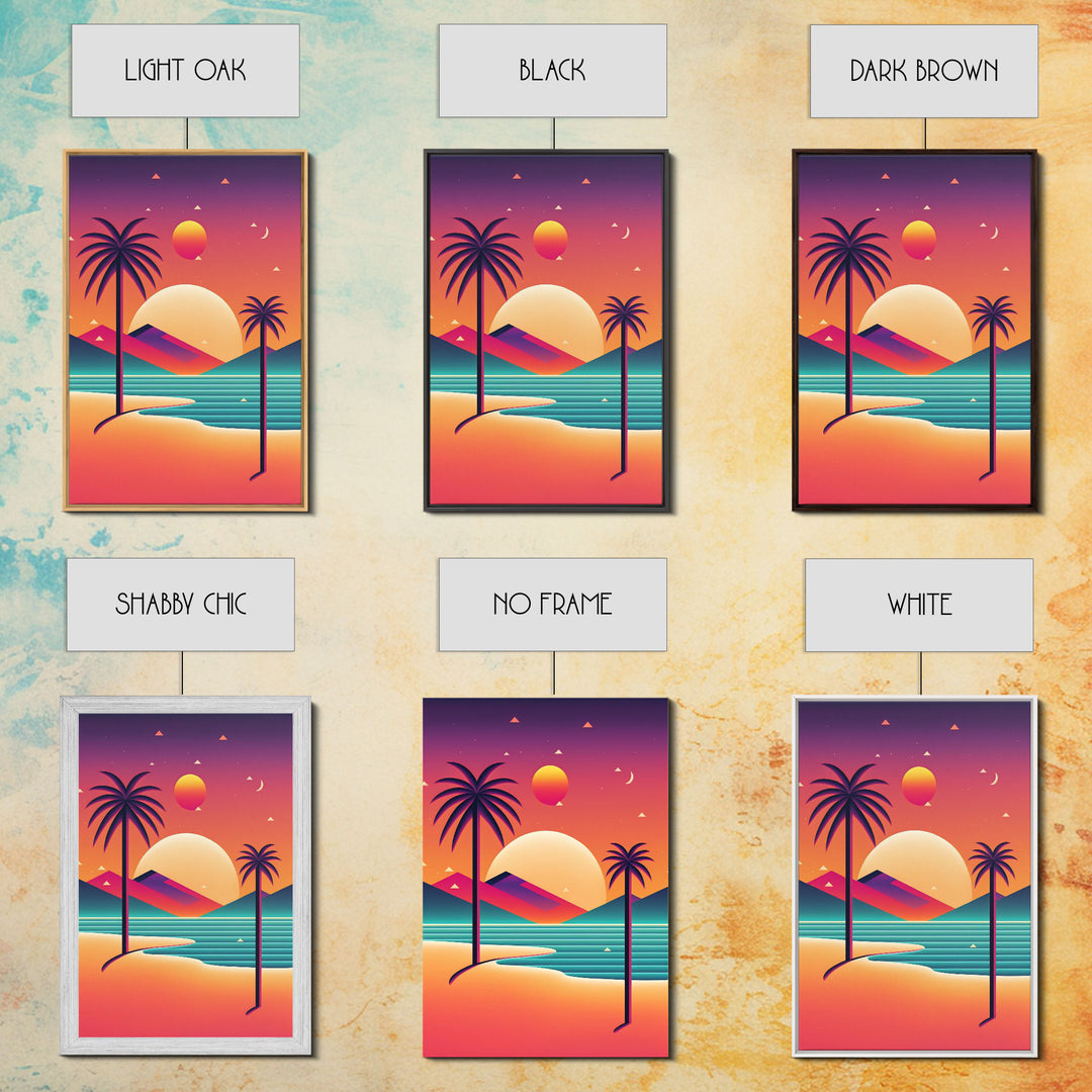 Framed Canvas Print | Art Deco Sunset | Retro Style | Palm Trees | Island Vibes | Desert Pyramids and Palm Trees | Desert Art