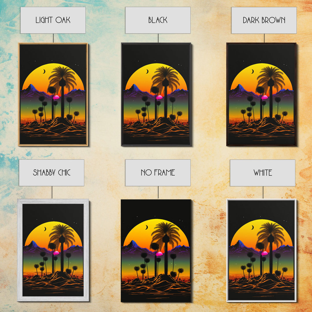 Pop Art Framed Canvas Print of Desert Landscape at Sunset, Outrun Style Sunset Full Moon Art, Unique 80s Vibe Retro Art