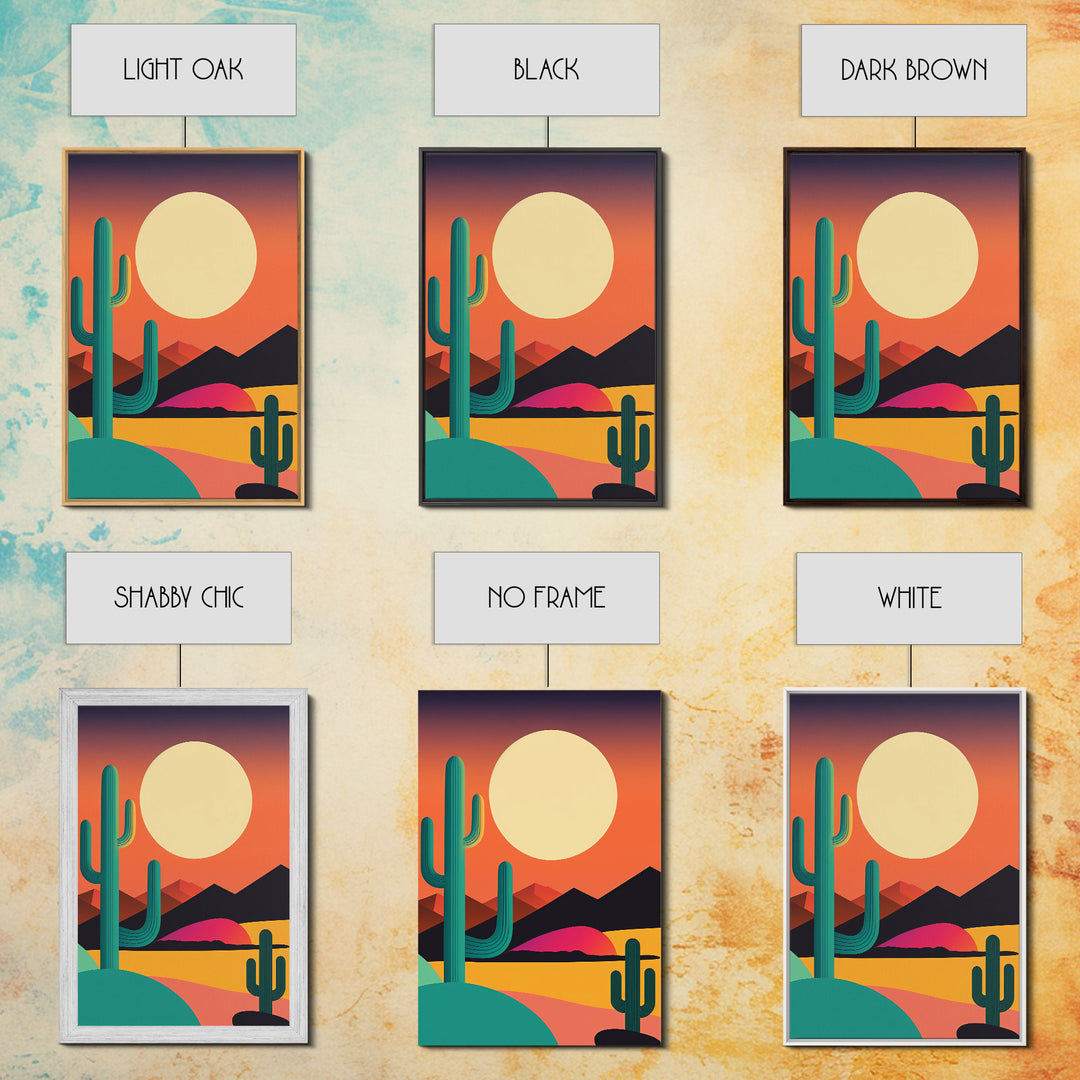 Pop Art Framed Canvas Print of Desert Landscape at Sunset, Outrun Style Sunset Full Moon Art, Unique 80s Vibe Retro Art, Art Deco