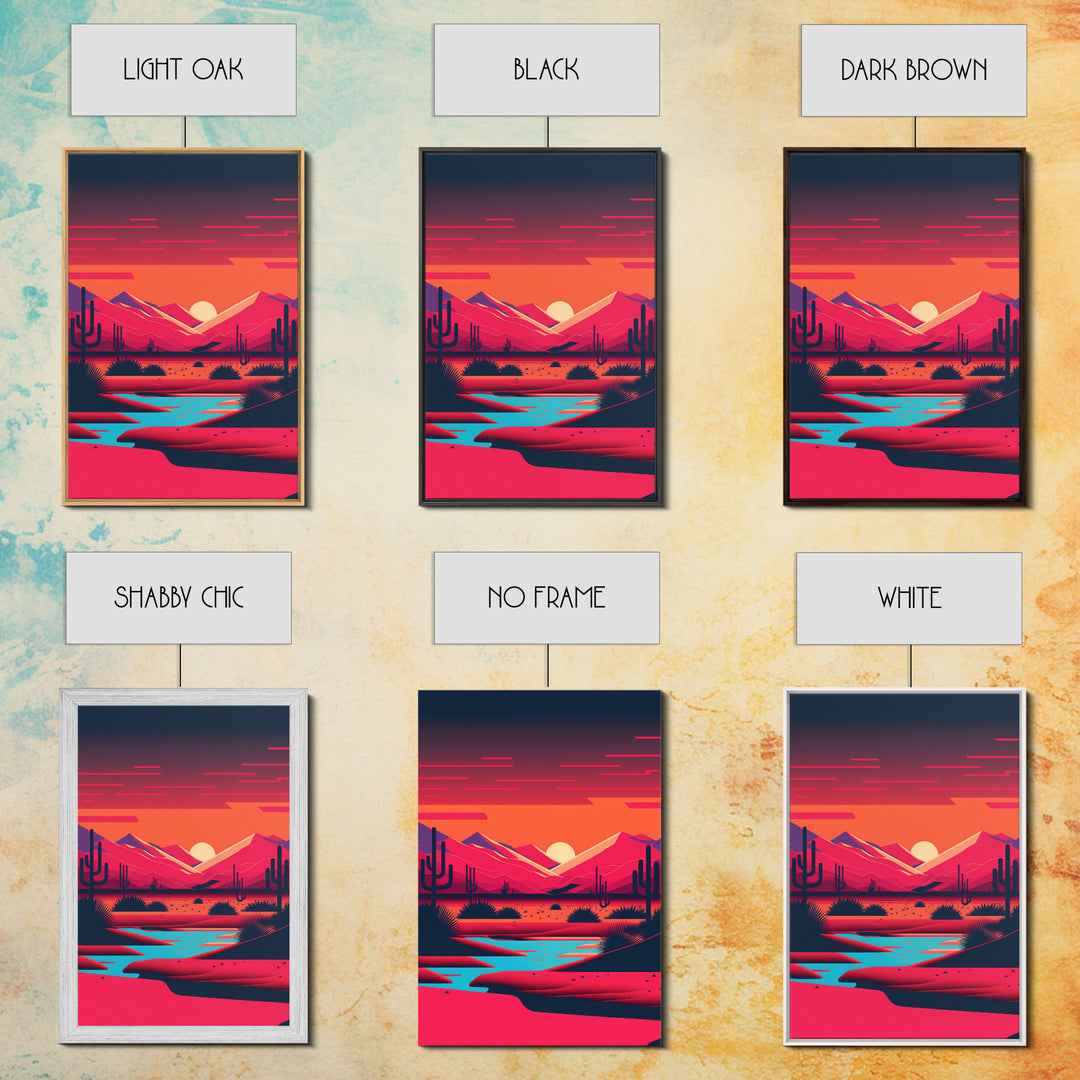 Retro Synthwave Desert Landscape Art, Framed Canvas Print, Unique Sunset Art, Living Room Wall Decor, Framed Art