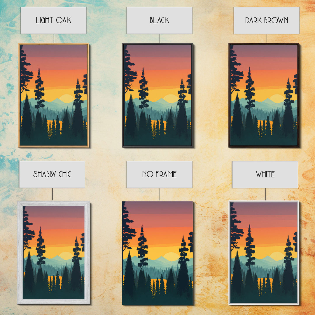 Oregon Landscape Pop Art, Framed Canvas Prints, Washington State, Pine Tree Forest and Mountain Landscape at Sunset, Vibrant Art