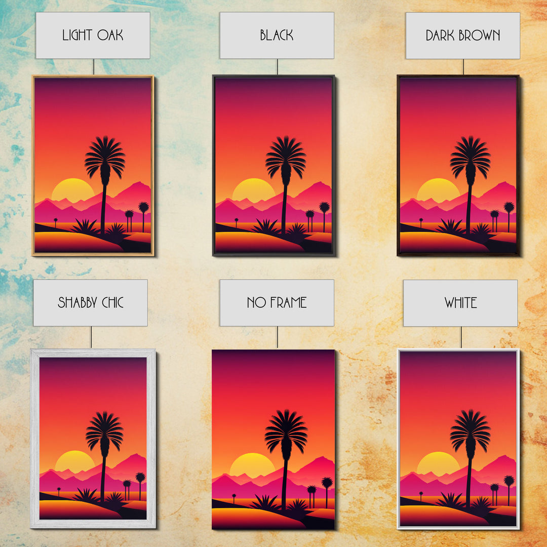 Palm Trees at Sunset, Synthwave Decor, 80s Retro Vibes Landscape Art, Framed Canvas Print