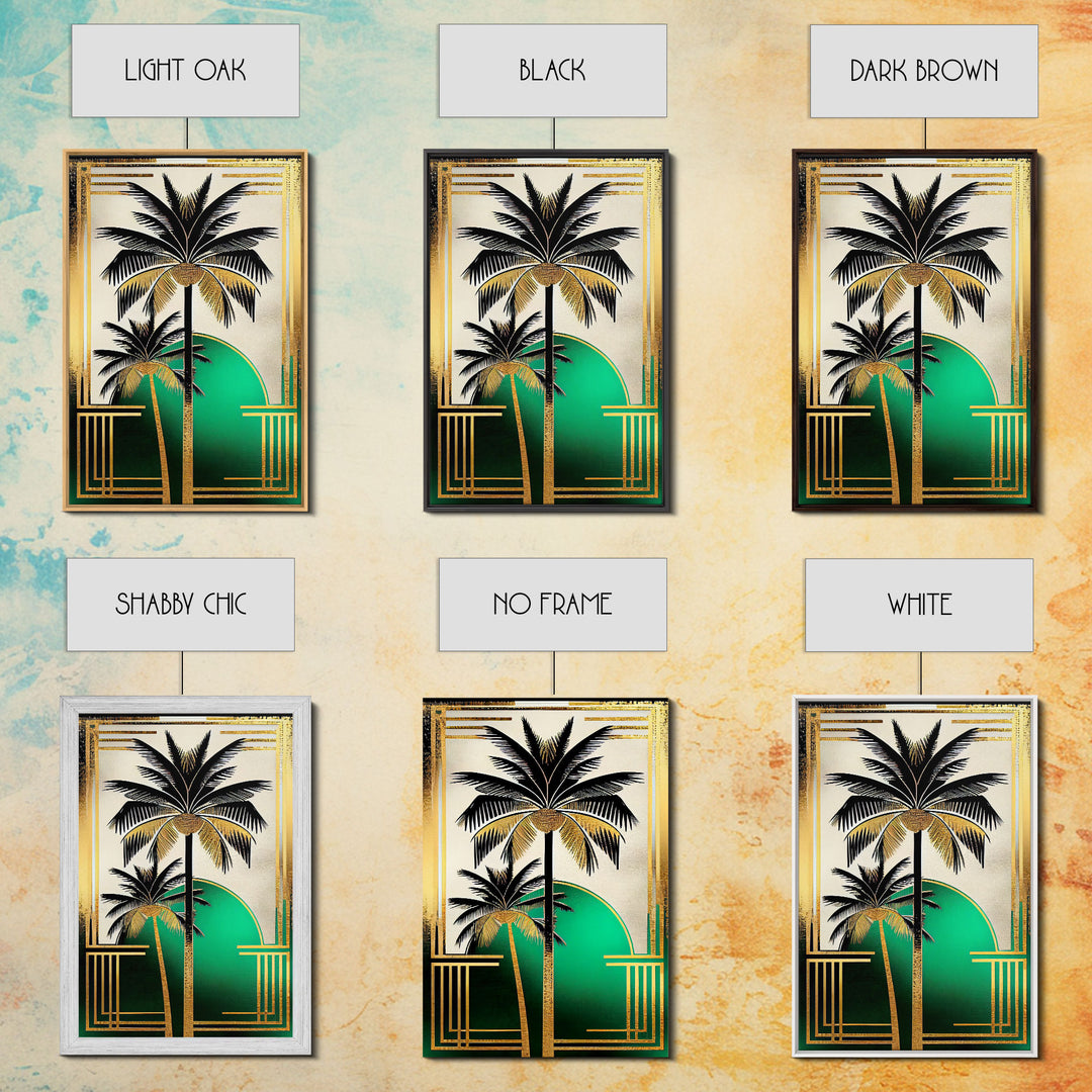 Boho Modern Frank Lloyd Wright-inspired Art Deco Canvas Print, Emerald Green and Gold Palm Tree, wall decor, wall art original, MCM Art