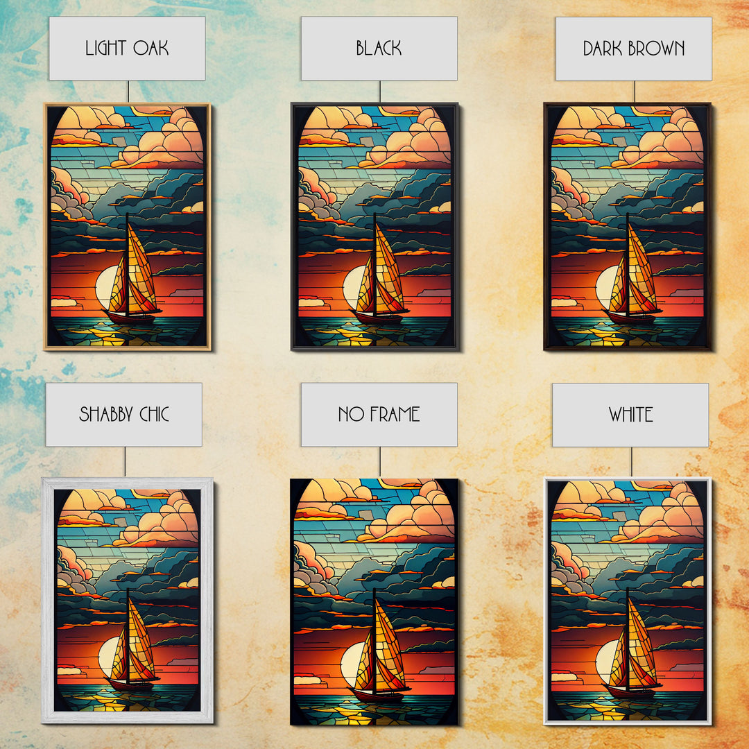 Art Deco Wall Art, Sailboat and Sunset Framed Canvas Print, Art Deco / MCM Wall Art, Stained Glass Reflections