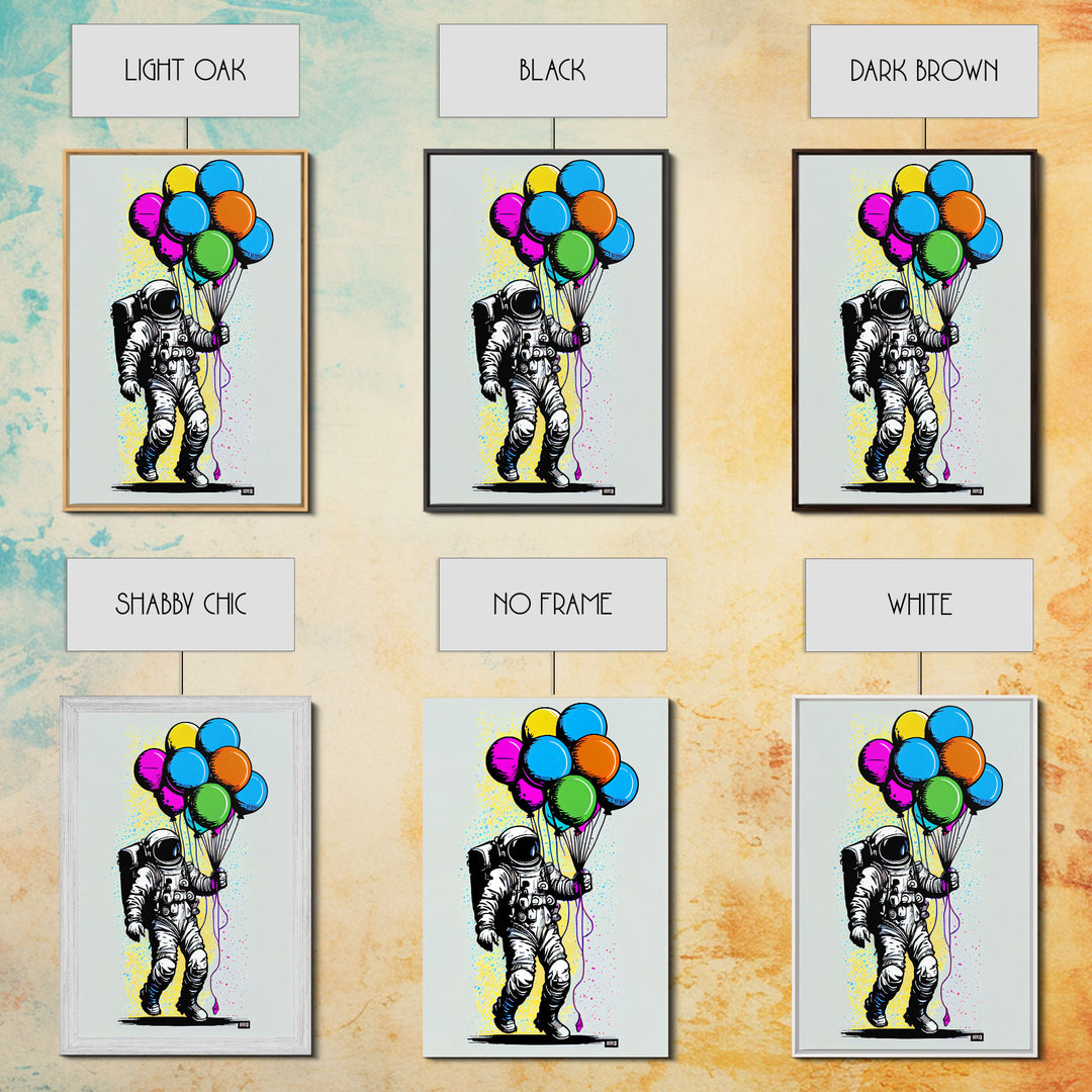 Urban Wall Art, Banksy Inspired, Astronaut Holding Colorful Balloons, Framed Canvas Print, Graffiti Art