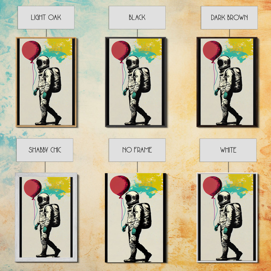 Urban Wall Art, Banksy Inspired, Astronaut Holding Colorful Balloons, Framed Canvas Print, Graffiti Art, Space Art