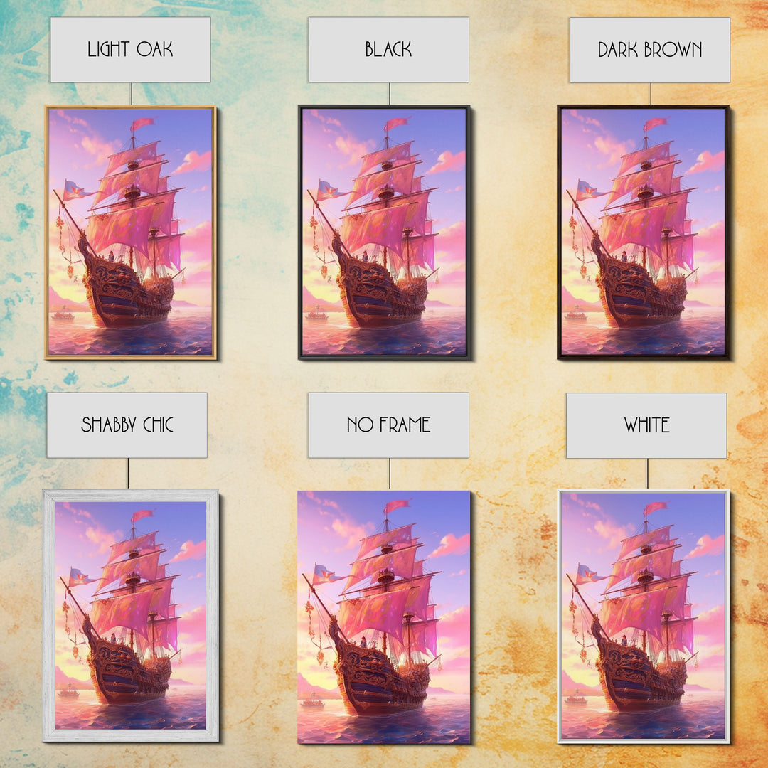 Gothic Pirate Ship at Sunset, Framed Canvas Print, Fantasy Wall Art, Wall Decor, Pirate Wal Art, Gift For Him, Kid's Room Art