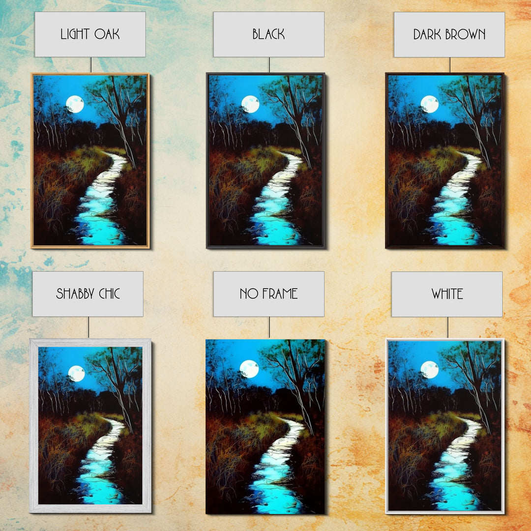 Spooky Art, Full Moon Over a Calm Stream At Night, Framed Canvas Print, Nature / Landscape Painting