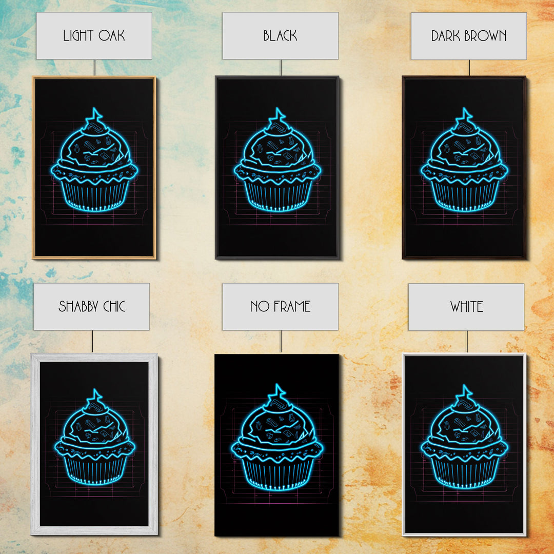 Teal Neon Lights Cupcake Wall Decor, Kitchen Wall Art, Glowing Art, Minimalist Print, Wall Decor, Canvas Print, Wall Art, Framed Canvas