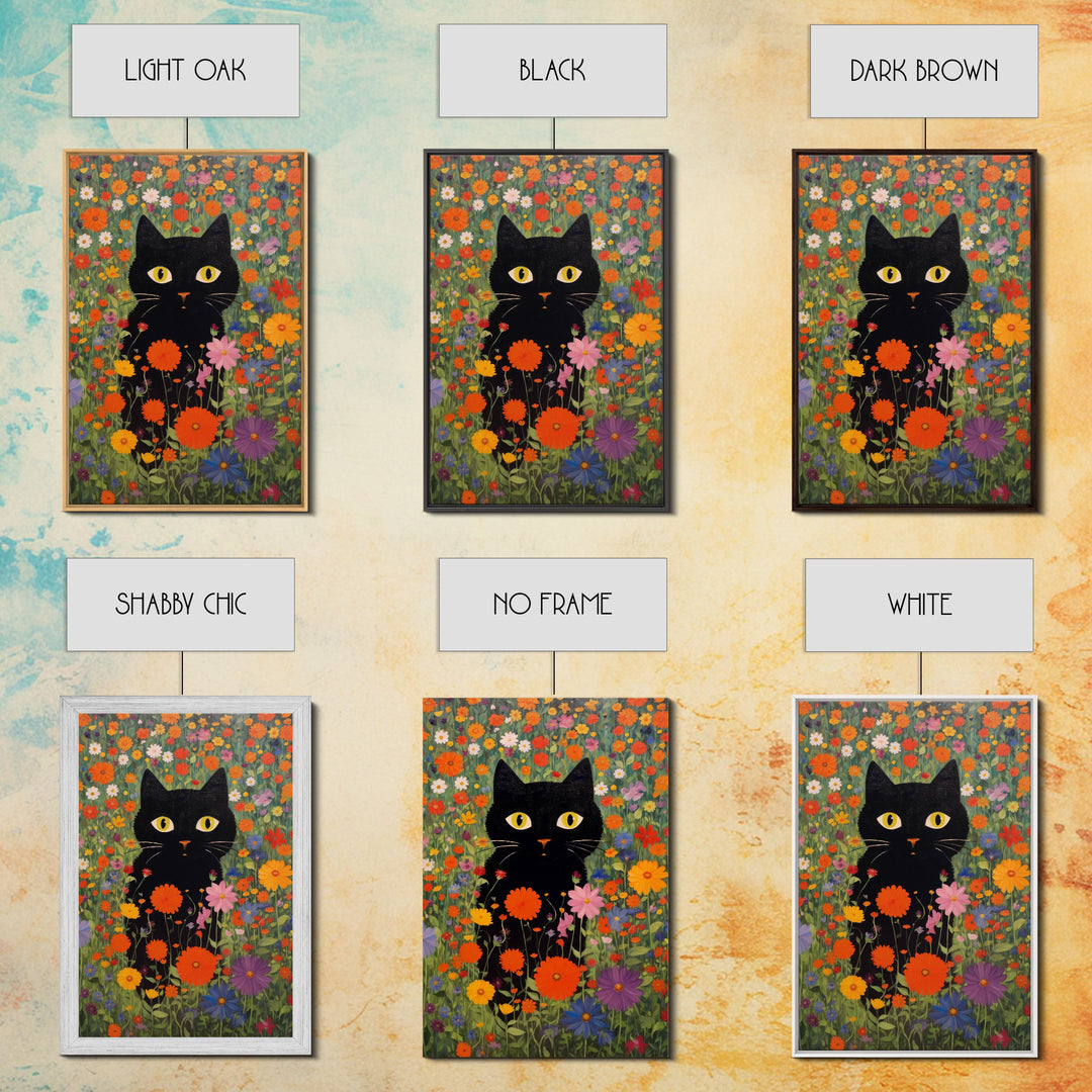 Gustav Klimt Inspired Garden Cat, Funny Black Cat Art, Framed Canvas Print, Fine Art Poster, Cute Cat Art, Funny Gift, Funny Cat Prints