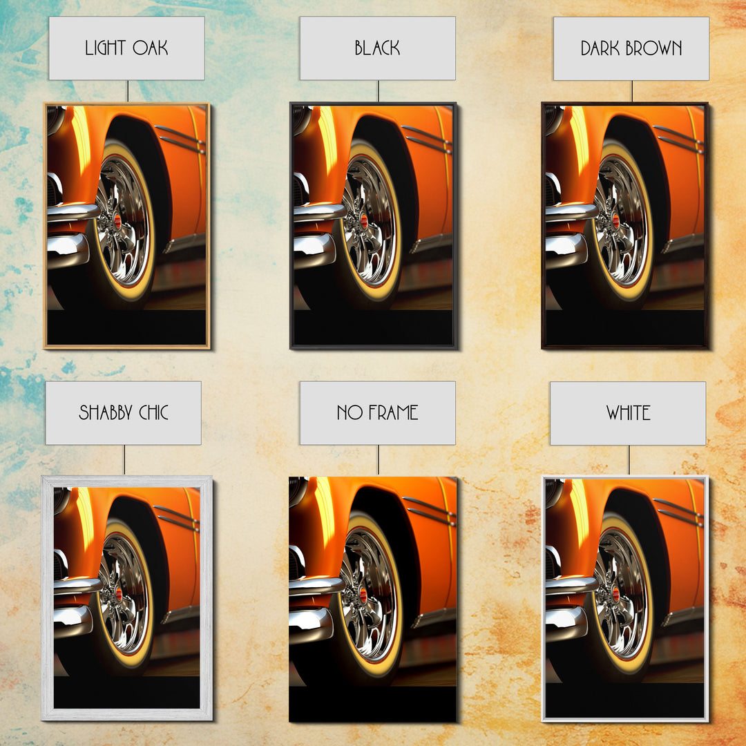 Hot Rod Art, Hot Rot Photography Print, Framed Canvas or Poster, Close Up Shot Of 1950s Hot Rod Chrome Rims, Orange Hot Rod, Gift For Him