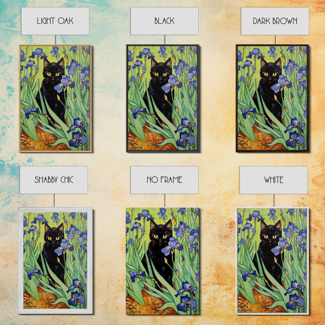 Vincent Van Gogh Inspired Irises Black Cat Wall Art, Framed Canvas Print, Poster Art, Funny Cat Print, Funny Gift, Home Decor Wall Art