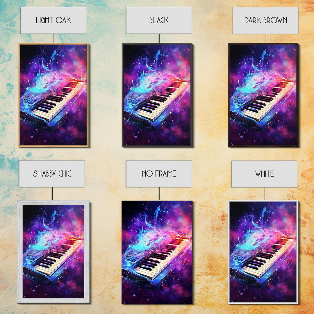 Cosmic Keyboard, Galaxy Music Art Framed Canvas Print, Electric Keyboard, Instrument Art, Studio Wall Decor