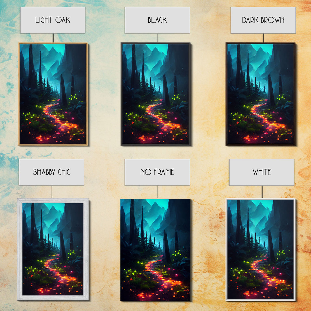 Luminescent magical forest poster art, fine art print, glowing trail though the trees, fantasy art, gloomy wall art, dark decor