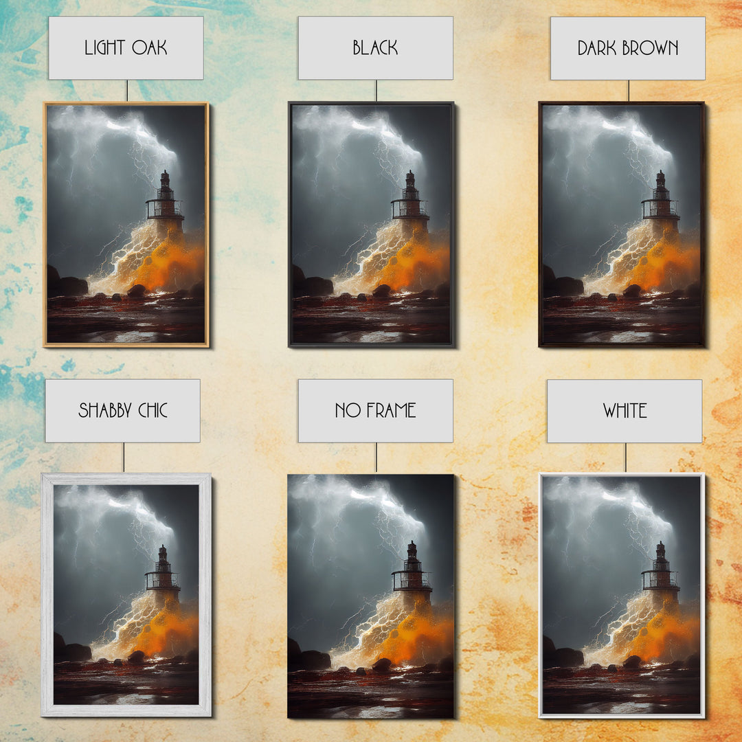 Lighthouse Oil Painting Canvas Print, Light house landscape print, Lighthouse in a storm with lightning and thunder, waves crashing