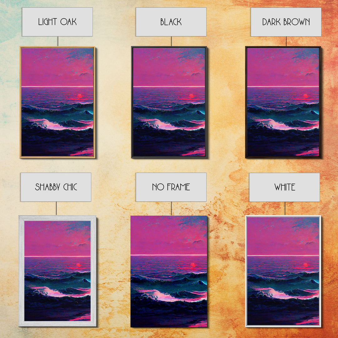 Outrun Style Synthwave Sunset Ocean Waves, 3 Piece Wall Art, Ready To Hang Canvas Print, Cool Unique Lakehouse Wall Art Decor