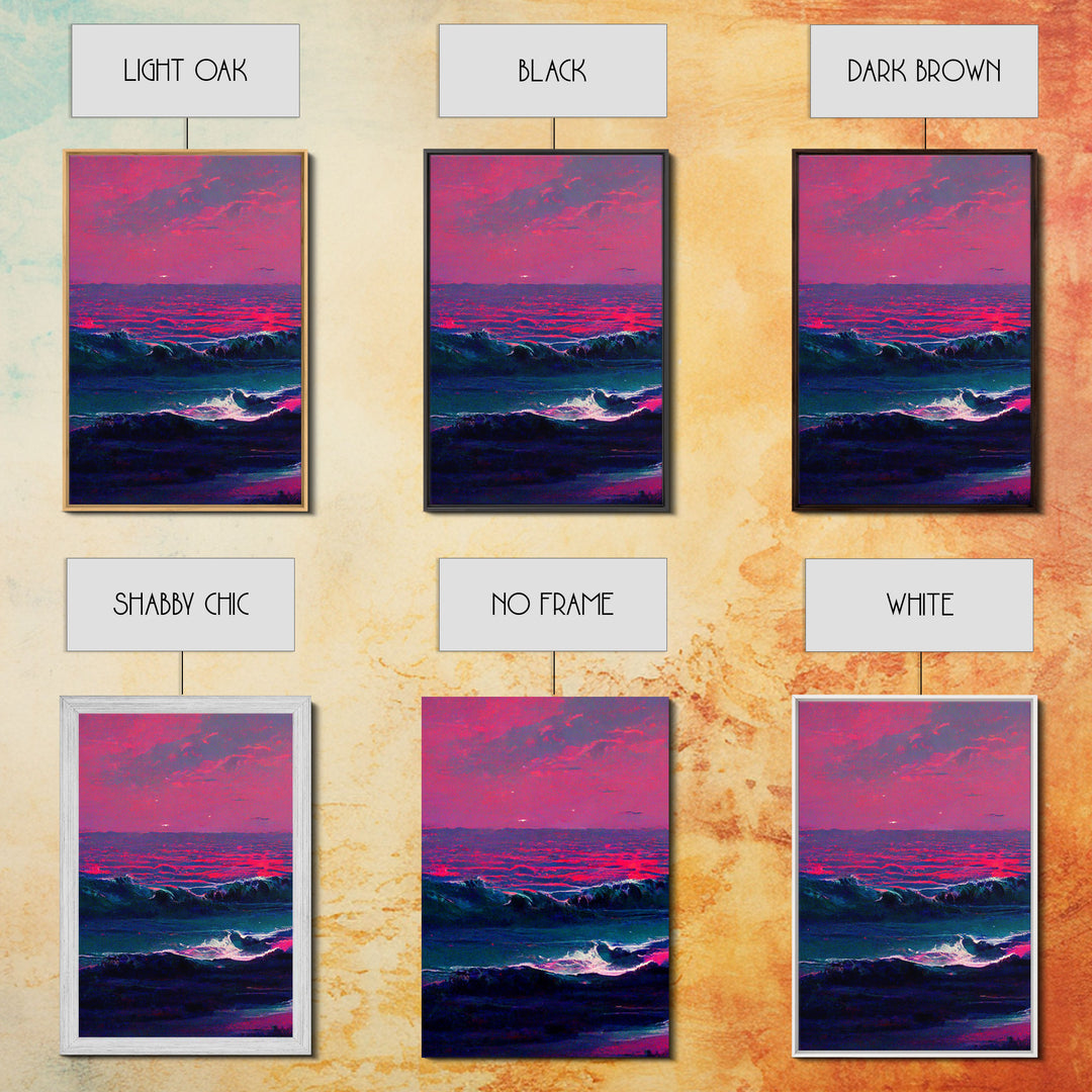 Outrun Style Synthwave Sunset Ocean Waves, 3 Piece Wall Art, Ready To Hang Canvas Print, Cool Unique Lakehouse Wall Art Decor