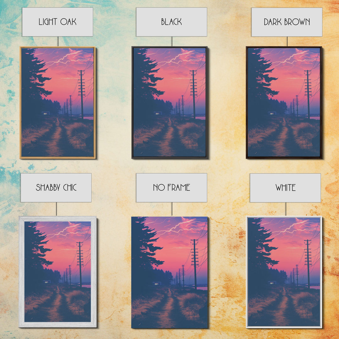 Lightning At Sunset, Framed Canvas Print, Vaporwave Aesthetic Wall Art, Liminal Spaces Photography Print, Dorm Room Decor, Retro Art