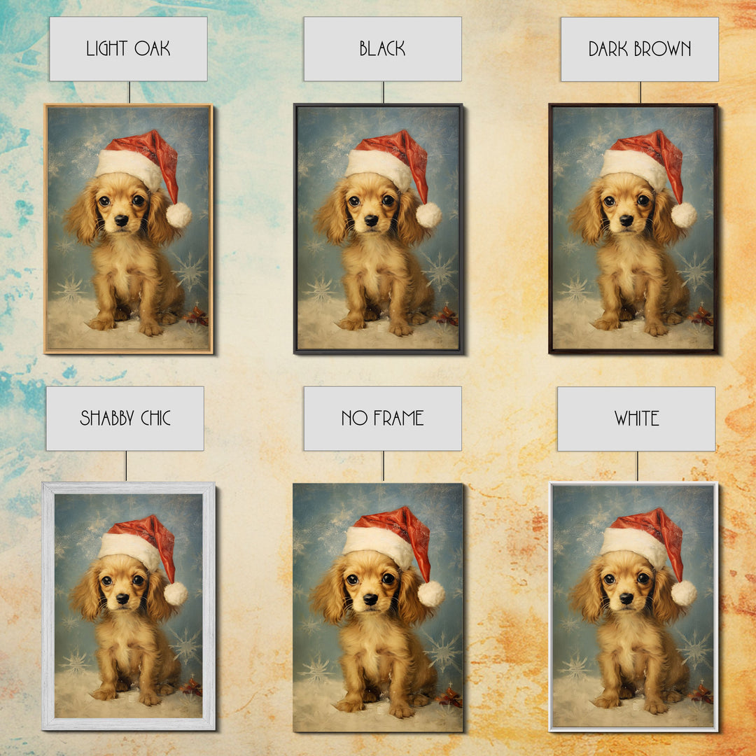 Cocker Spaniel Puppy In A Santa Hat, Framed Canvas Print, Christmas Decor, Holiday Decor, Seasonal Wall Decor, Farmhouse Christmas