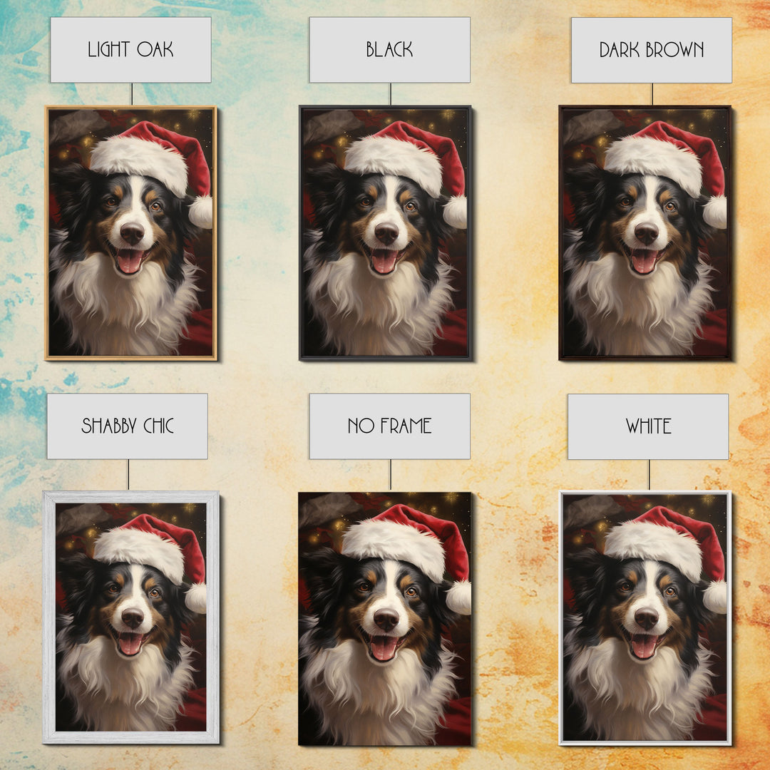 Cute Border Collie In A Santa Hat, Framed Canvas Print, Christmas Decor, Holiday Decor, Seasonal Wall Decor, Farmhouse Christmas