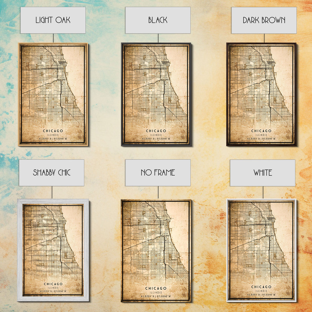 Distressed Chicago map print poster or framed canvas, Illinois road map print poster canvas, Chicago city map print poster canvas