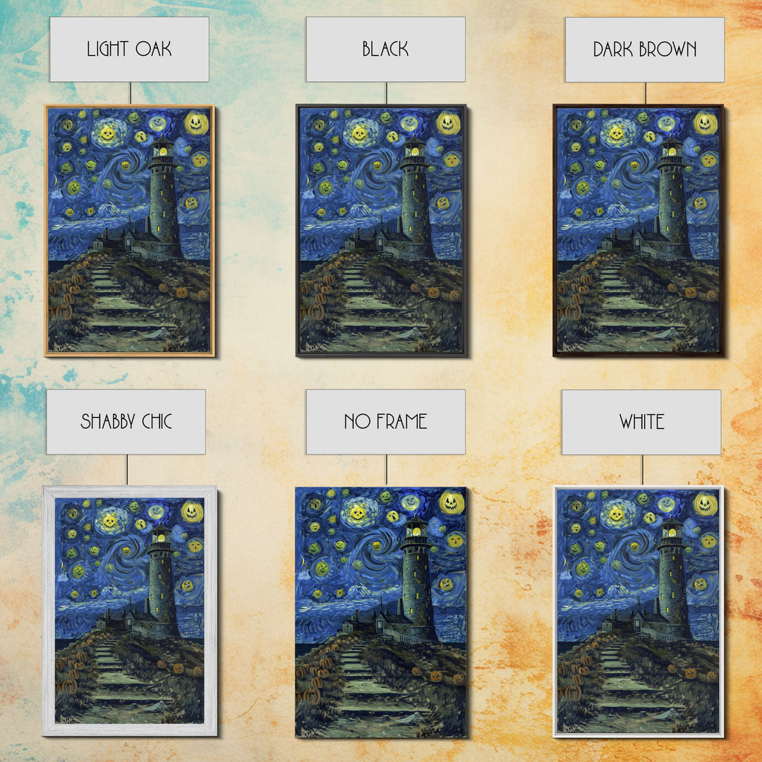 Starry Night Inspired Haunted Light House Framed Canvas Print, Van Gogh Inspired, Spooky Season Halloween Art